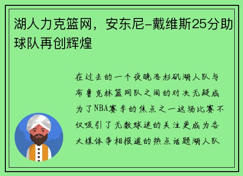 湖人力克篮网，安东尼-戴维斯25分助球队再创辉煌