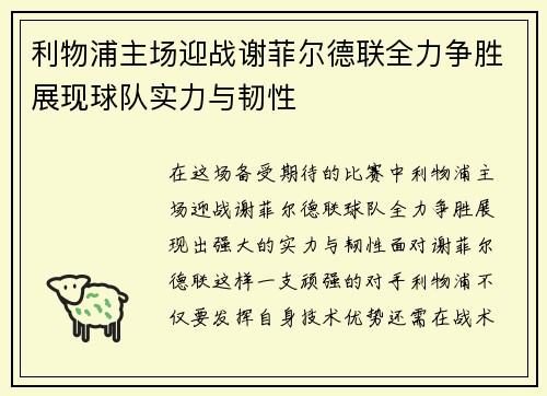 利物浦主场迎战谢菲尔德联全力争胜展现球队实力与韧性