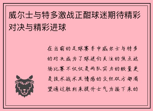 威尔士与特多激战正酣球迷期待精彩对决与精彩进球